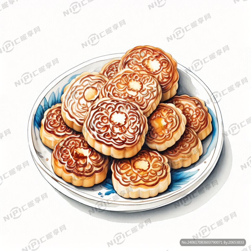 一碟月饼 正视图 纯白色背景