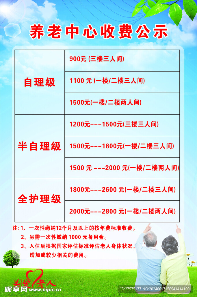 养老中心收费公示牌