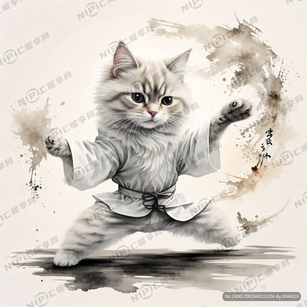 白色的猫咪在打太极 中国古风