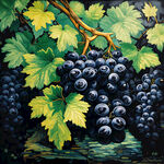 满版油画风格的黑色葡萄，叶子是绿色的