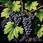 满版油画风格的黑色葡萄，叶子是绿色的