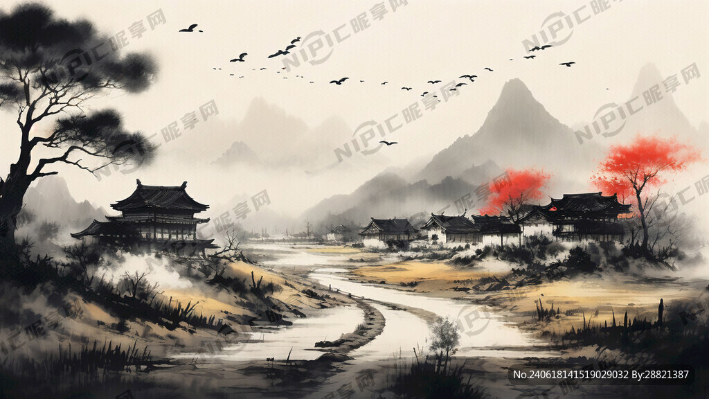 乡村 小路 房子 水墨画