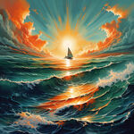 青绿色的大海 橙黄色的阳光照在海浪上 连同海浪都变得异常通透 一艘帆船行驶在海面上