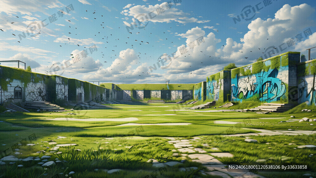 绿色草坪 空旷 远处有涂鸦墙
