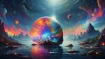 这张照片展示了一个令人叹为观止的宇宙景象。一个绚丽多彩的海螺躺在水面上。这一天象给下面的景色投下耀眼的光，这里有山、水和反映地平线的水体。上面的天空布满了五彩光芒，进一步增强了空灵的氛围