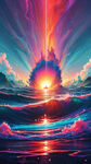 海螺，海浪，梦幻，简单炫酷背景，赛博朋克，音障，冲击波，鲜艳迷幻色彩，8K
