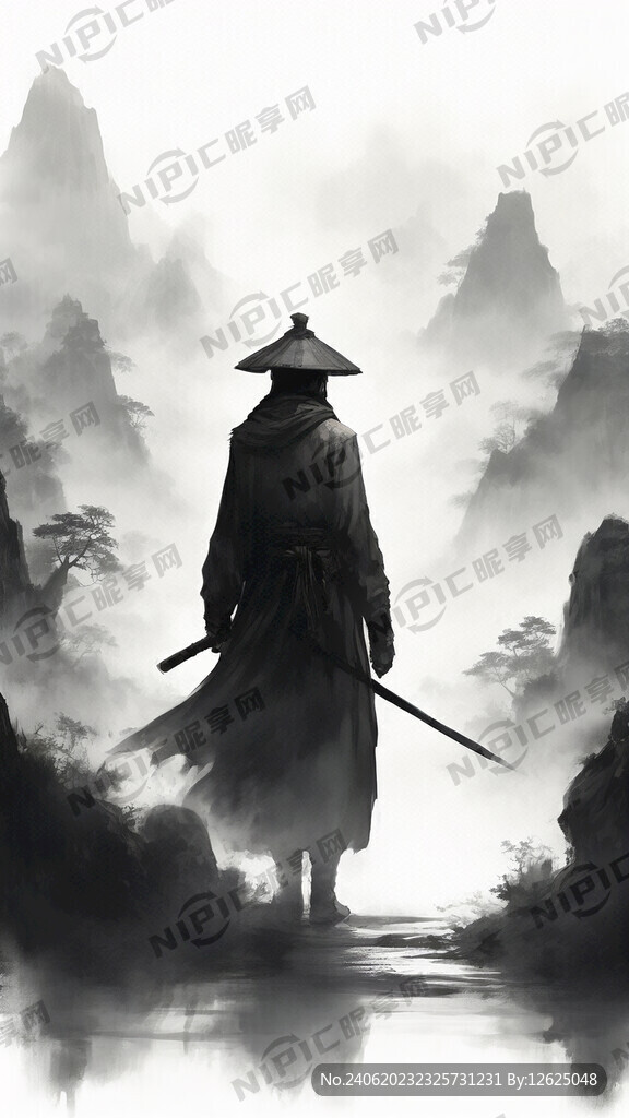 戴帽子的剑侠客 水墨 云雾