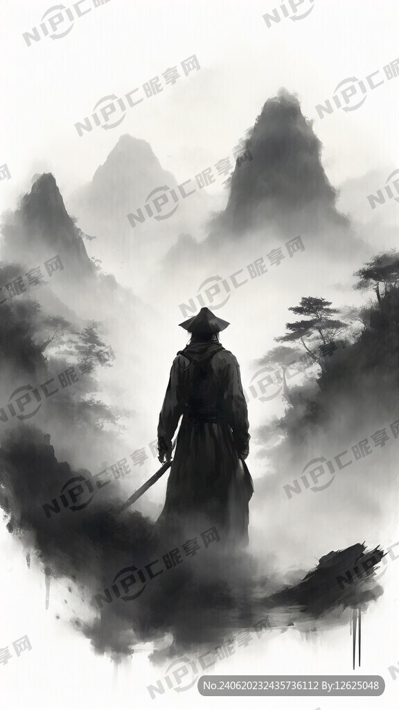 戴帽子的剑侠客 水墨 云雾