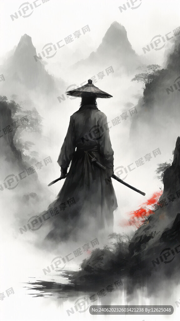 戴帽子的剑侠客 水墨 云雾