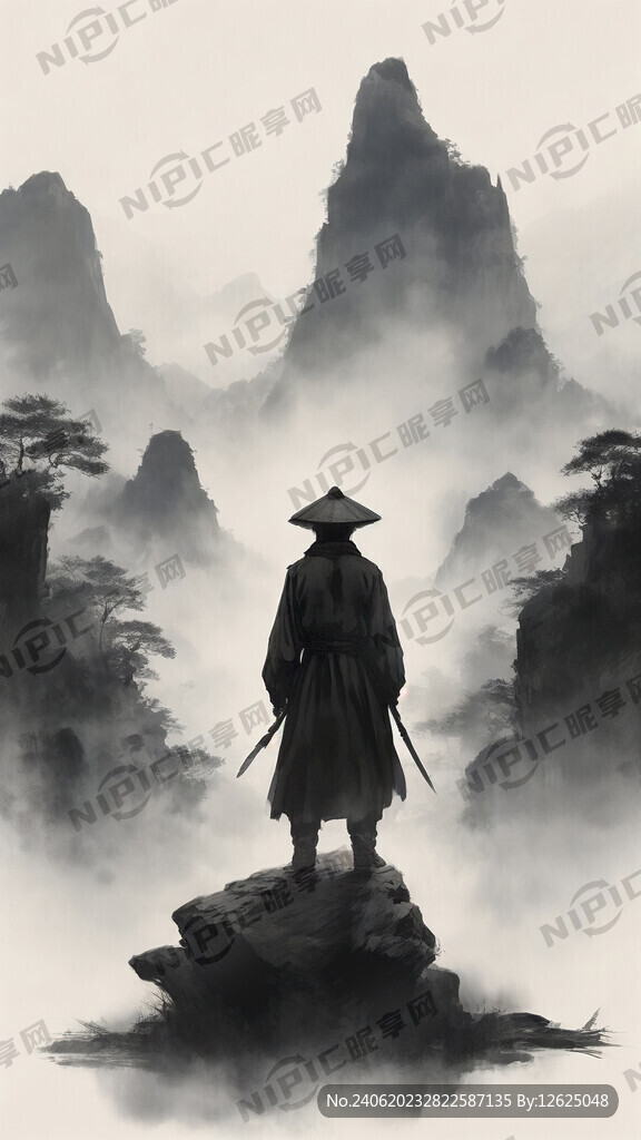 戴帽子的剑侠客 水墨 云雾