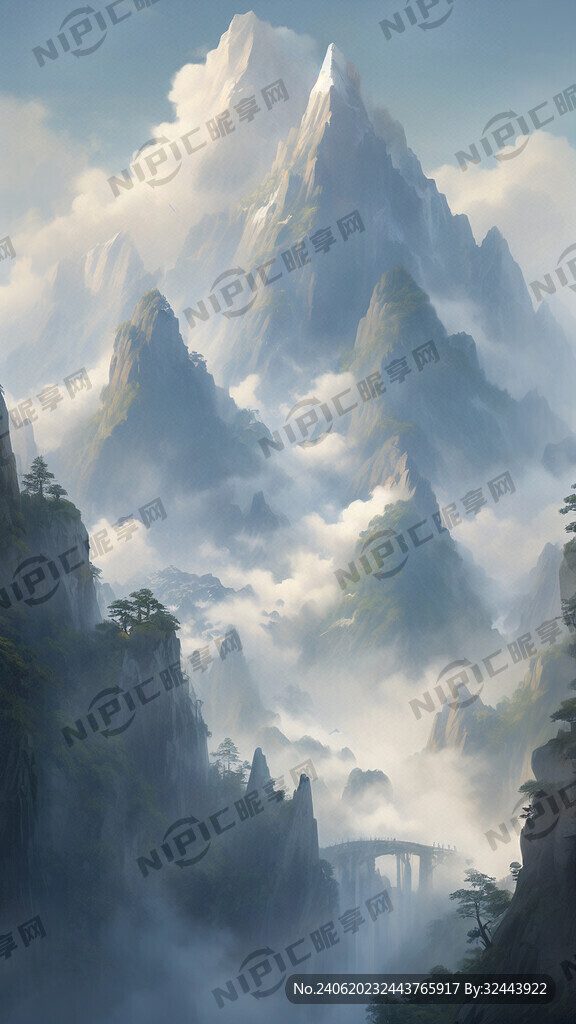 AI创作图山 高耸入云 云雾缭绕 仙境一般 概念插画nipic.com-昵图网