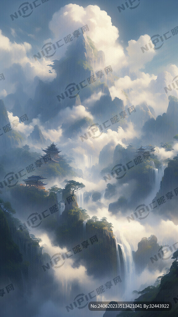 AI创作图山 云雾缭绕 仙境一般 概念插画nipic.com-昵图网