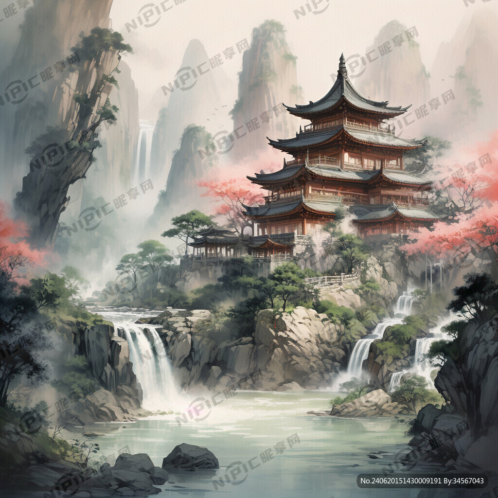中国山水 绿意 细节清楚 小溪