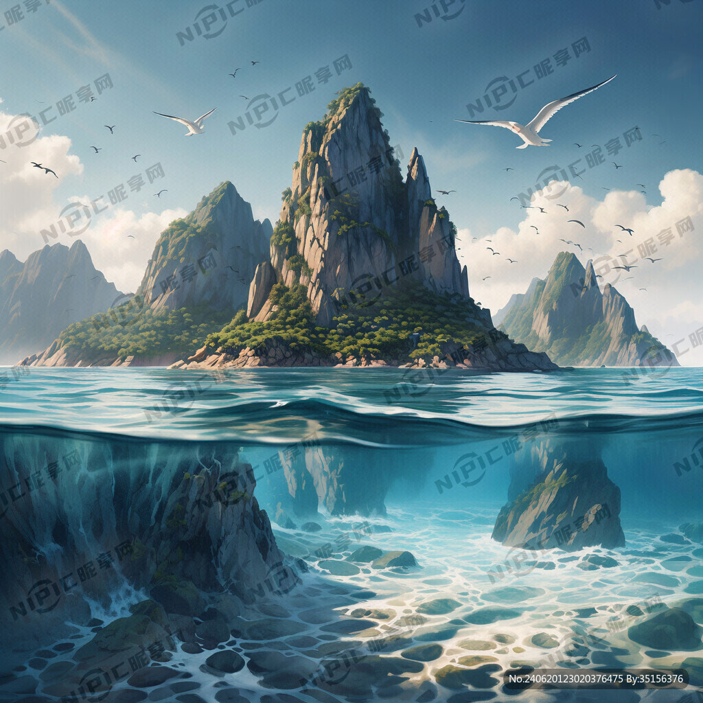 蓝色的大海上漂浮着两三座的生机