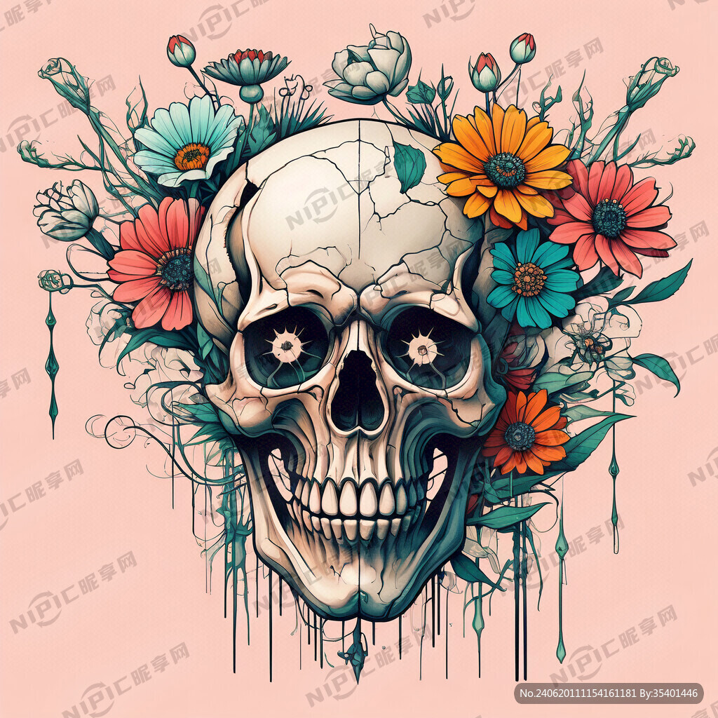设计一组人头骨和花朵合成图