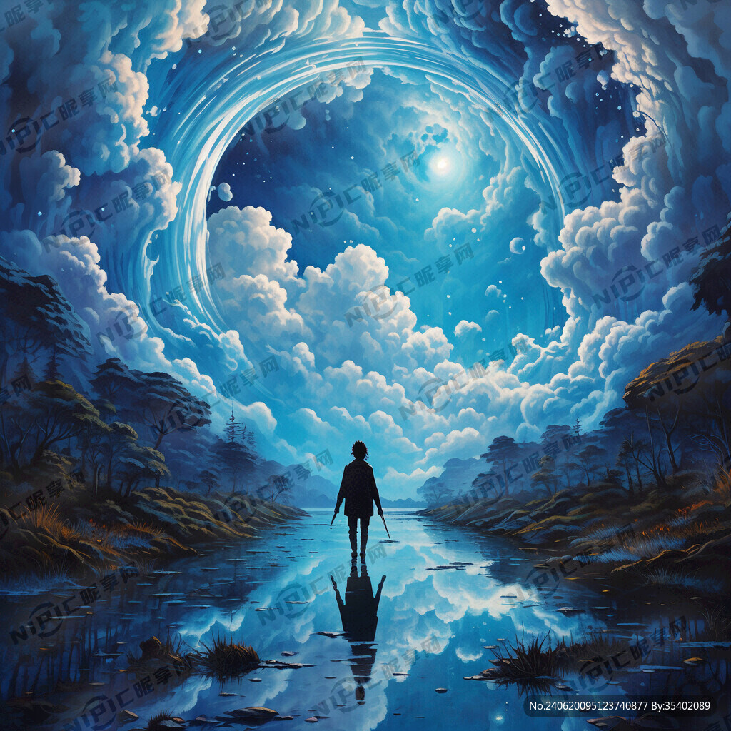 蓝色天空奇幻梦境 一人身影