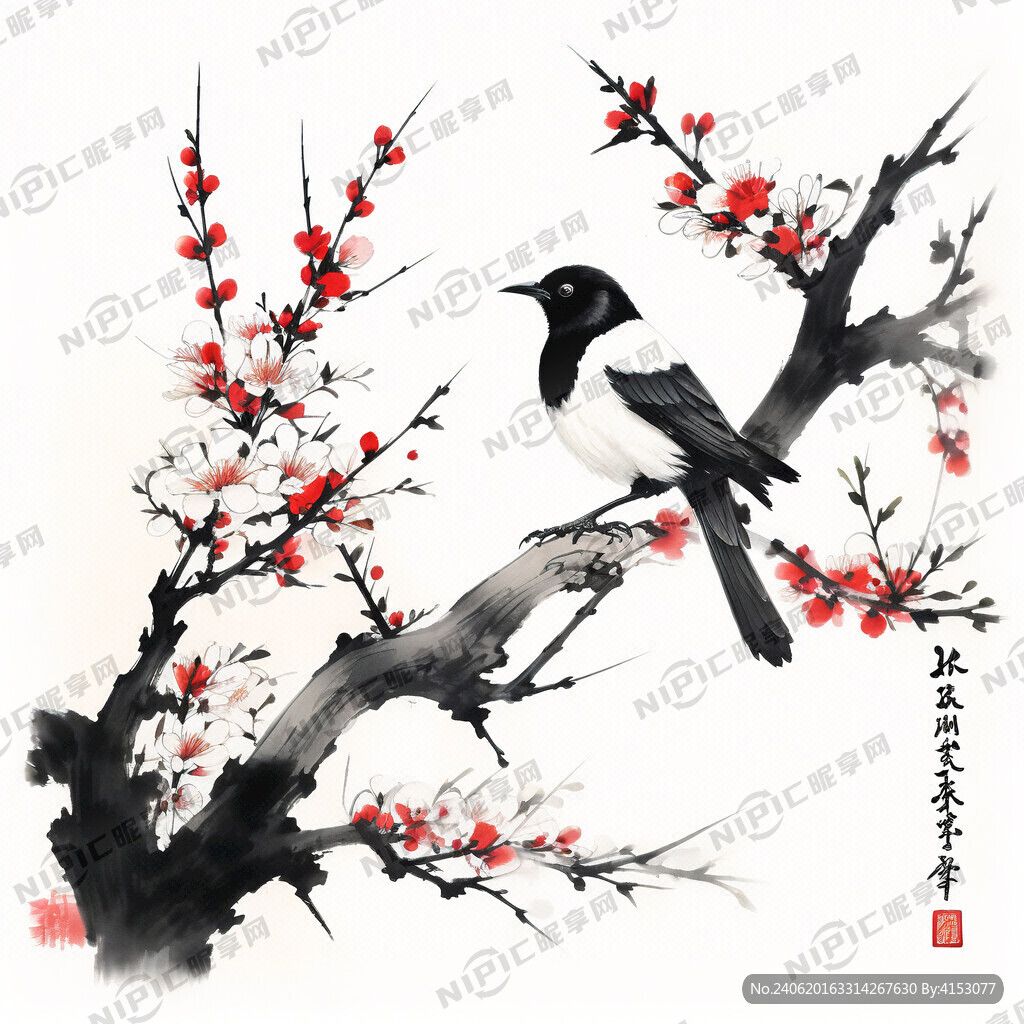 水墨画 喜鹊 梅花 树梢 笔触