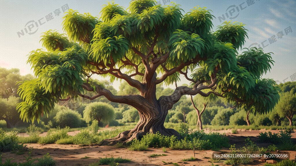 一棵完整的绿色的桃树