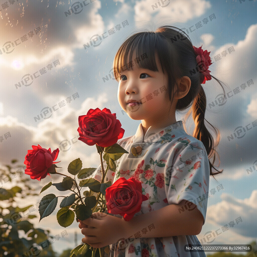 小女孩抱着阳光玫瑰 仰望天空