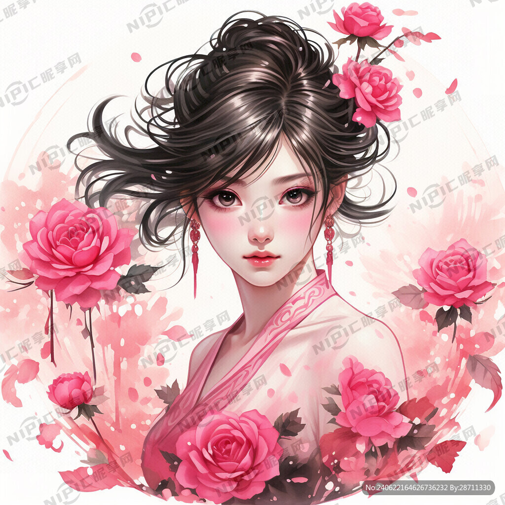 粉红色 美少女。玫瑰花