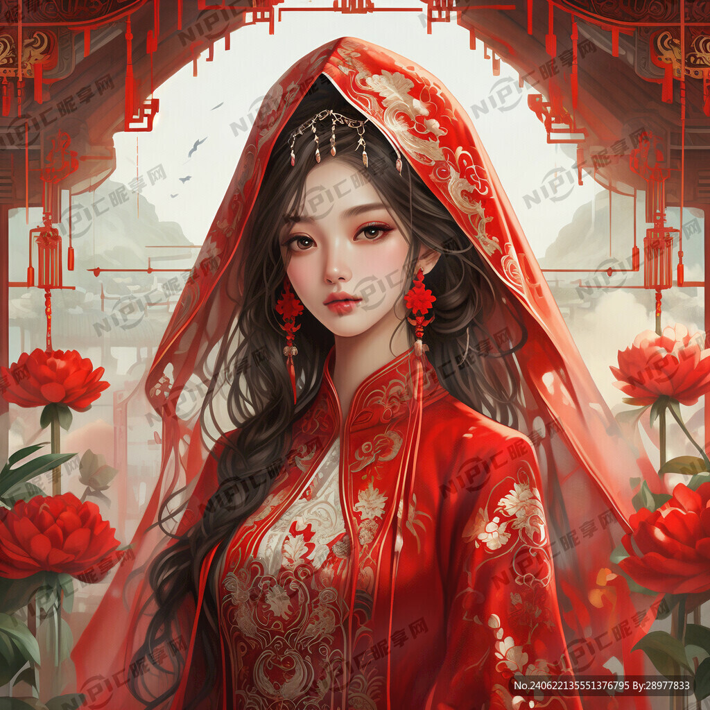 中式婚礼服装 美女 红盖头