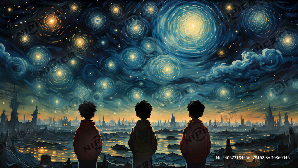夜空里眺望远方的一群孩子