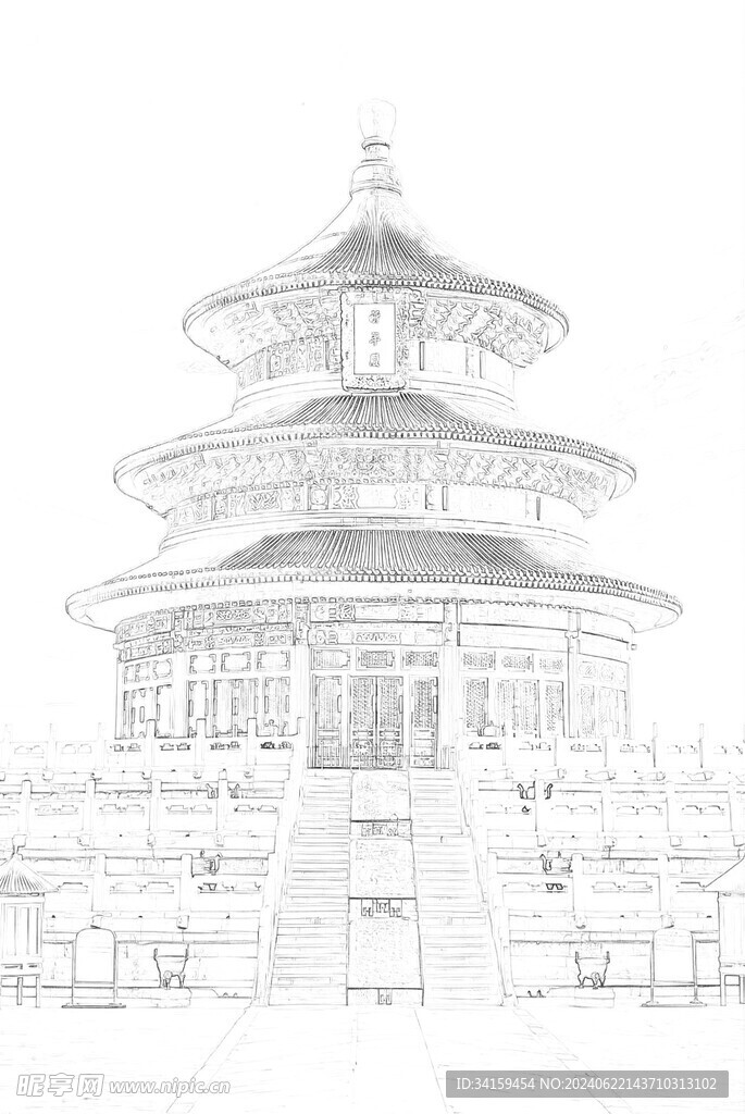 三层塔古建筑黑白画