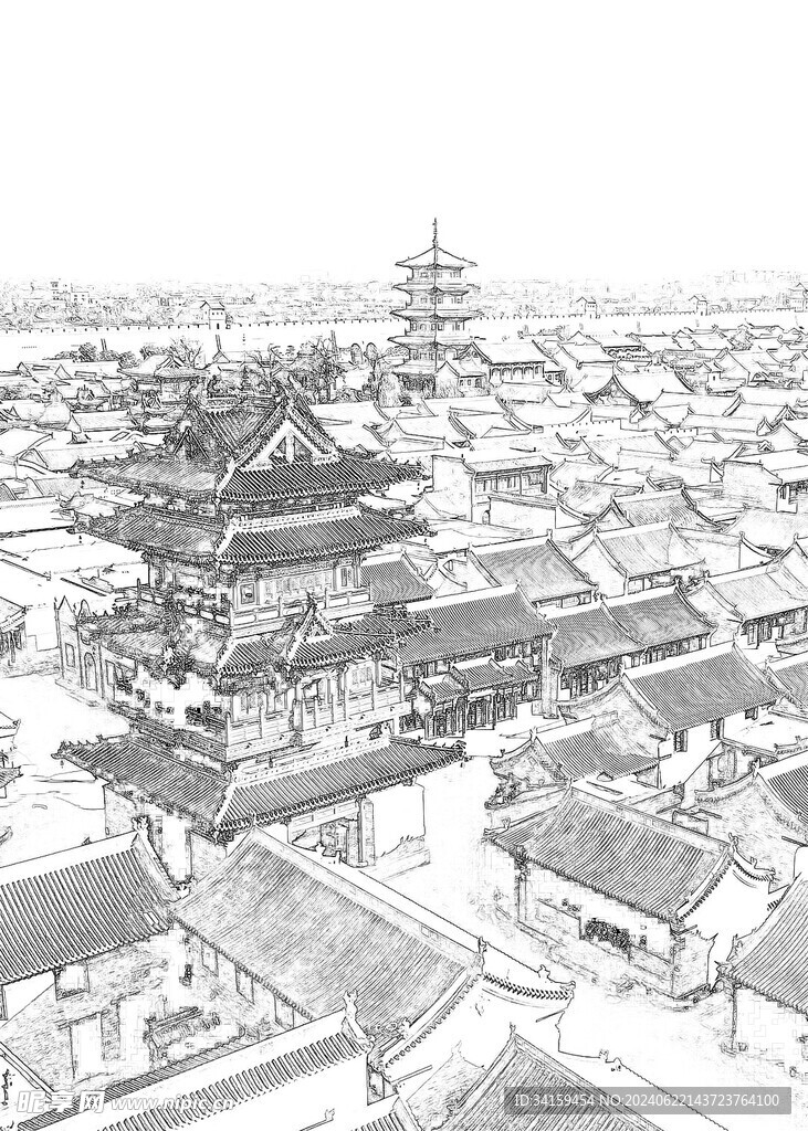 传统文化古建筑黑白线条画