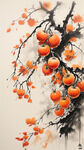 橙色的柿子，中国风，中国画，柿子树叶，卡通风格，写意，意境，色彩鲜艳