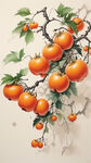 橙色的柿子，88个柿子，中国风，中国画，绿色柿子树叶，卡通风格，写意，意境，色彩鲜艳