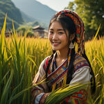 瑶族少女，翠绿水稻挂着饱满的稻谷在阳光的映照下，显得生机勃勃，民族场景，伊犁河谷，自然光，广角镜头，温暖色调，微风拂动，动态捕捉，喜悦表情。