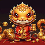 2025 可爱卡通 蛇宝宝 金色蛇 穿着新年衣服 拜年 蛇宝宝吉祥物 卡通蛇新年吉祥物 蛇宝 红金色