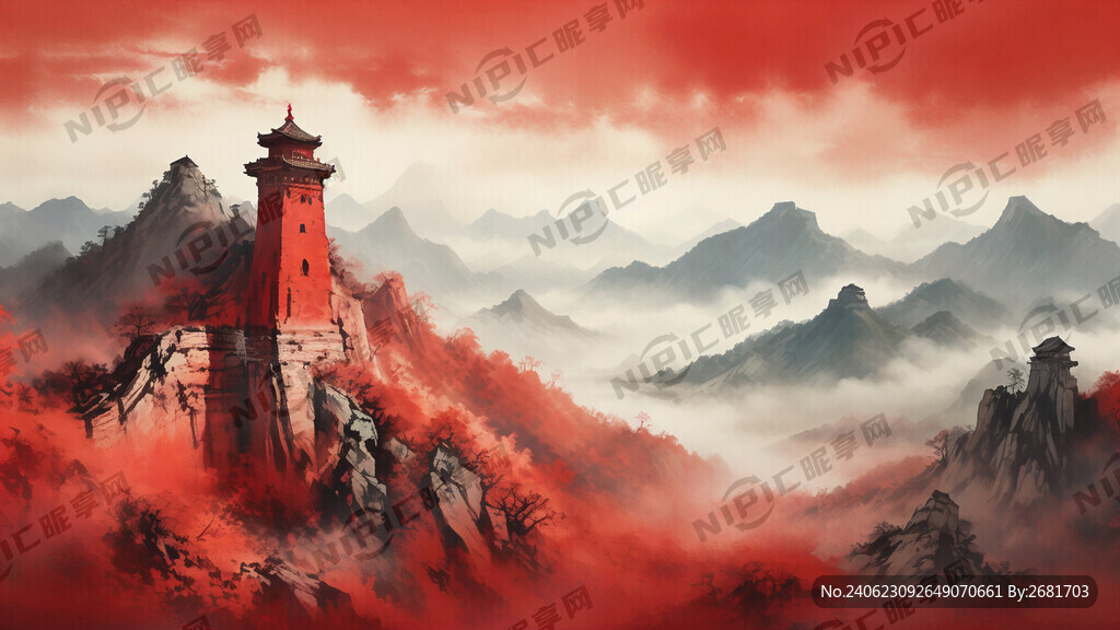 红色 长城 群山