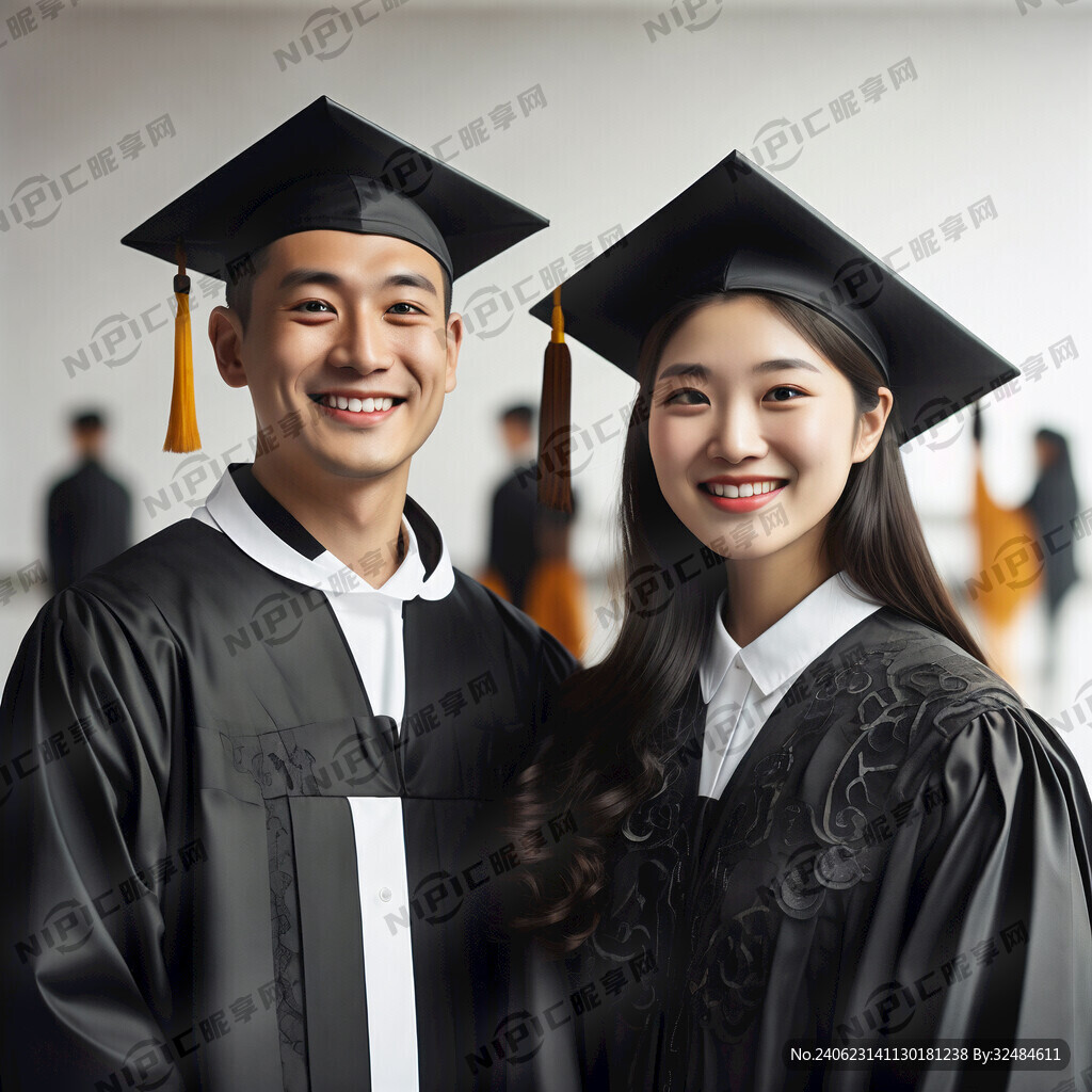 穿博士衣帽的毕业男女学生