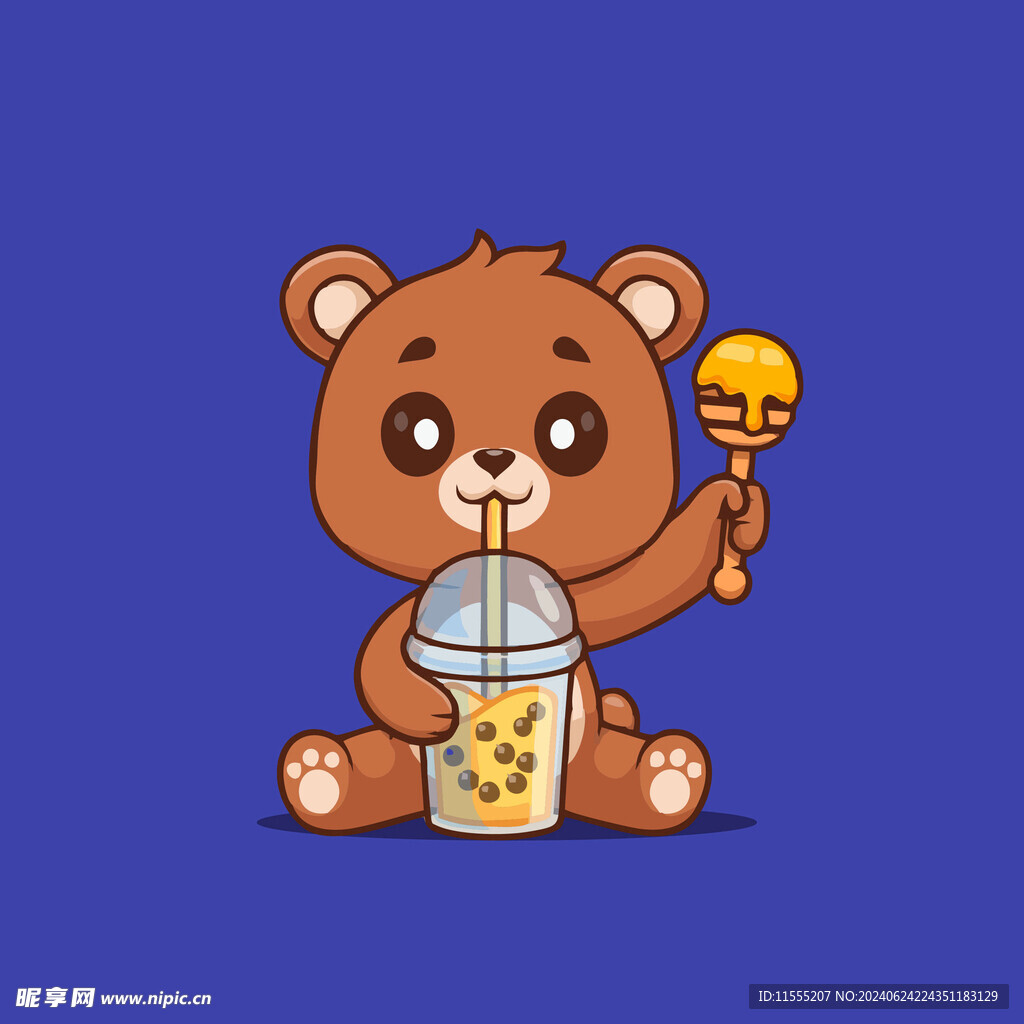 可爱小熊喝奶茶卡通矢量儿童插画