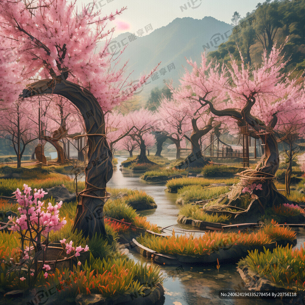 滨水柳树桃花间隔