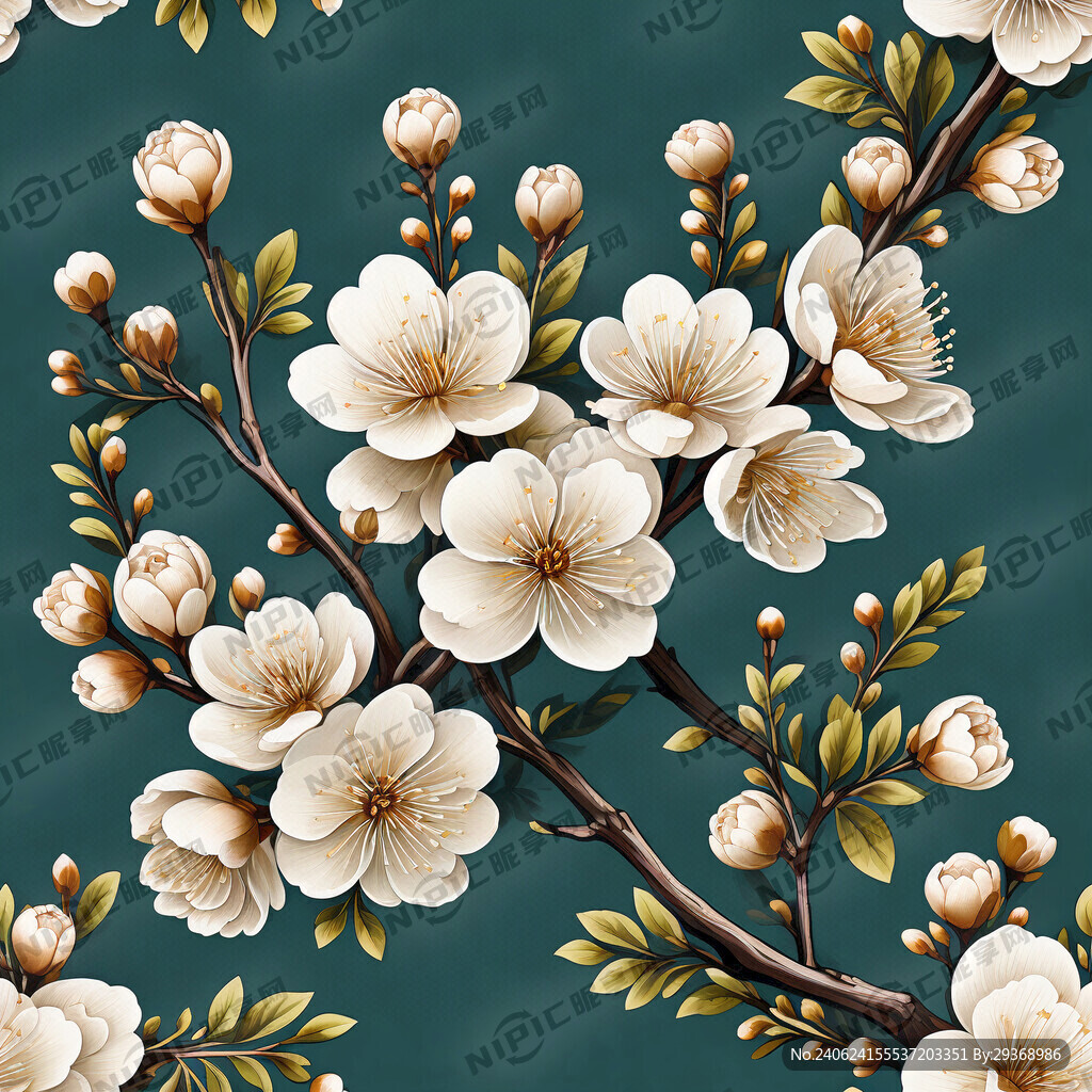 绿色背景的枝上美丽的白色小梅花