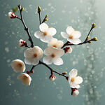 浅绿色背景的树枝上美丽的白色小梅花，克隆式, 明艳背景