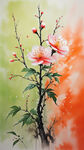 明艳背景亮绿色和橙色混合背景，树枝上美丽的含苞待放的白色小梅花，克隆式,