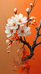 明艳背景橙色背景，树枝上美丽的含苞待放的白色小梅花，克隆式,