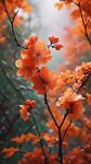 明艳背景橙色树叶背景，树枝上美丽的含苞待放的白色小梅花，克隆式,