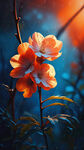 明艳背景亮橙色背景，深蓝色树叶，树枝上美丽的含苞待放的白色小梅花，克隆式,