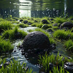 黑色圆球颗粒扔在满是水草的水里，水草浓绿茂盛，根系发达，水清草爽