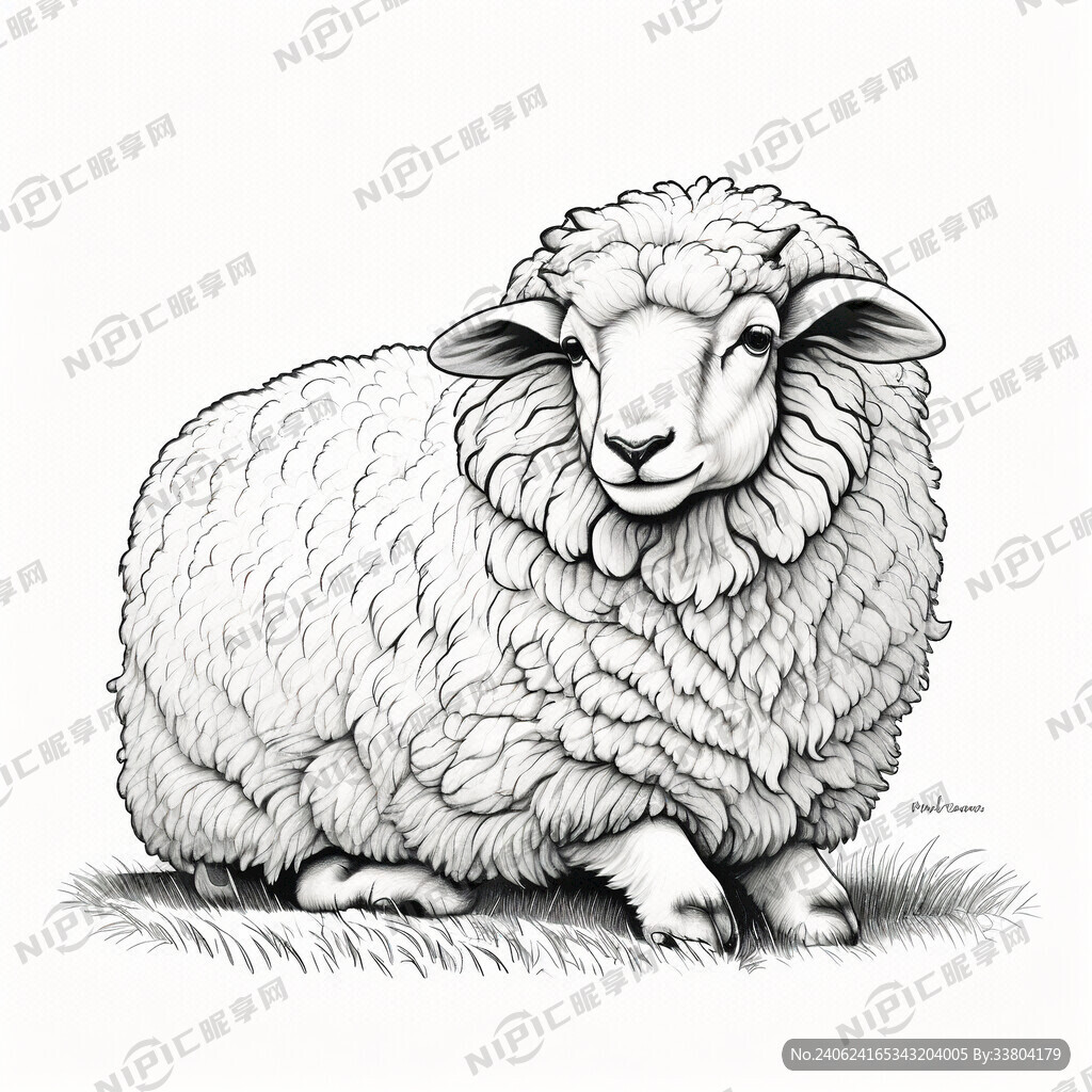 羊 插画 线稿 黑白 坐卧