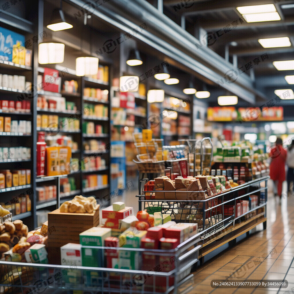 超市里面的货架和商品特写