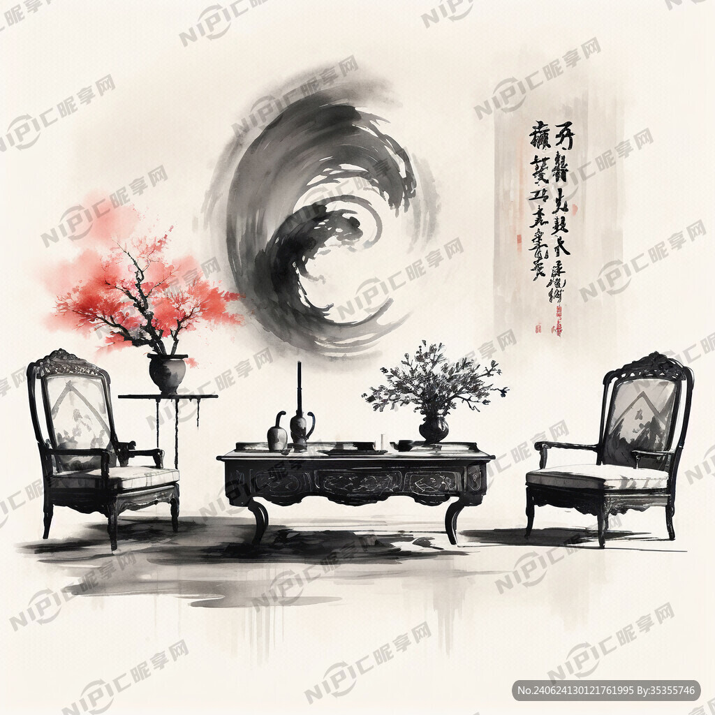 家具 工笔画 禅意水墨彩色