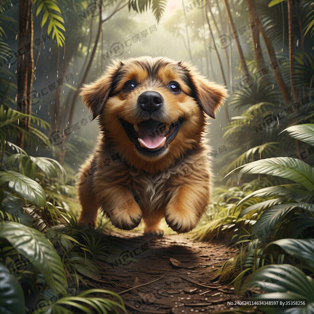 一只可爱胖狗在丛林玩耍