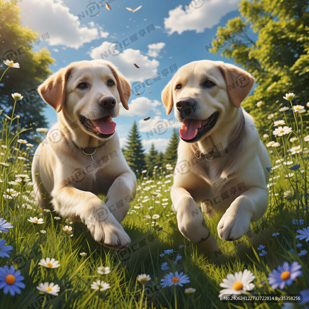 两只拉布拉多犬 一大一小 有花