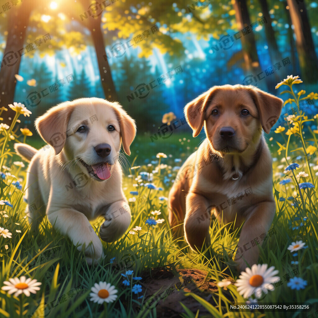 两只拉布拉多成犬幼犬 蓝色天空