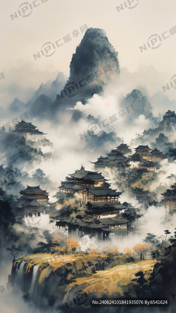 贵州梯田、山村、云雾、国画